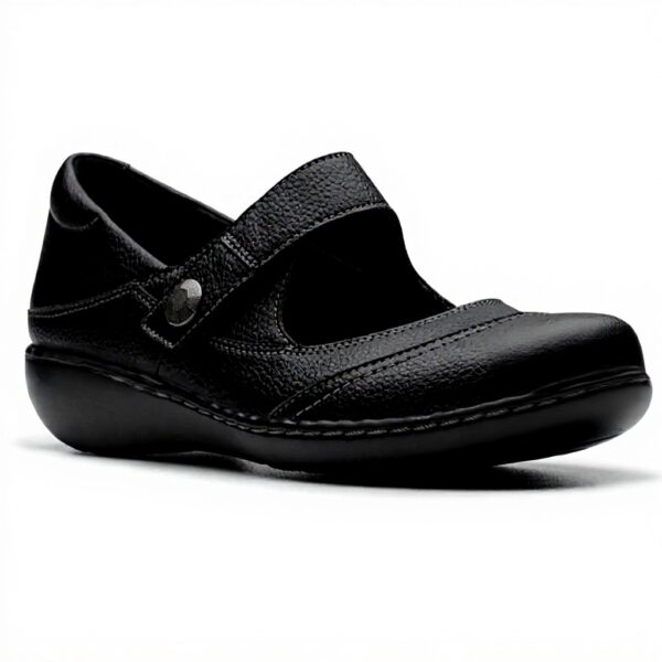 Clarks Women's Ashland Elayne Mary Jane Flat Black Tumbled Leather