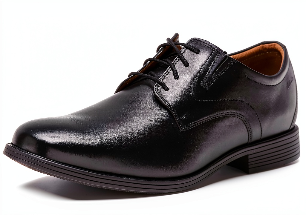 Clarks Whiddon Plain Oxford flat in black leather on a neutral background